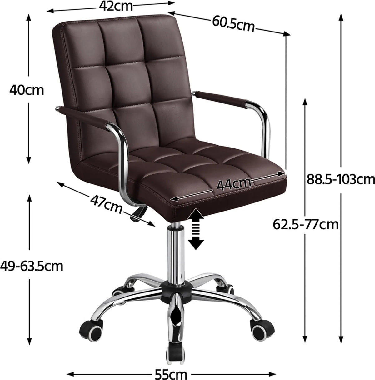 Yaheetech Bürostuhl mit verstellbarer Sitzhöhe - 55 x 60,5 x 86,5-102 cm - Ausgestattet mit bequemer Schaumstoffpolsterung und schalldämpfenden Rädern und verzinktem Metallrahmen - Für Büro und Heimarbeitsplatz - Braunes Kunstleder und Metall