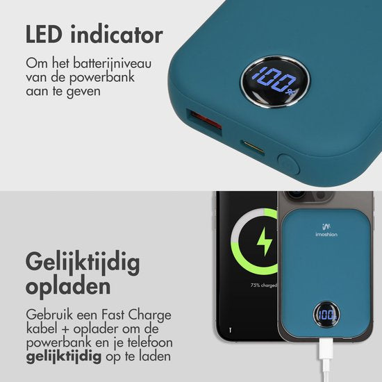 imoshion Powerbank 10000 mAh - Geeignet für MagSafe - Schnellladegerät 22,5W - LED-Anzeige - USB C & USB A - Wireless Powerbank Geeignet für iPhone 12/13/14/15/16 - Dunkelblau