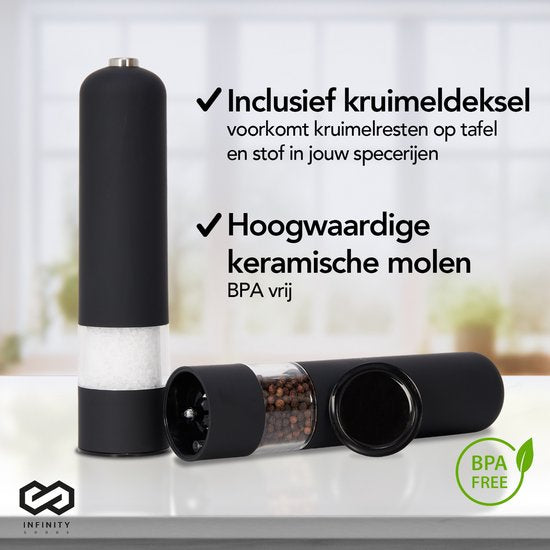 Infinity Goods Elektrisches Pfeffer- und Salzmühlen-Set - Pfeffermühle - Salzmühle - Einstellbares Mahlwerk - Gewürzmühle - Schwarz