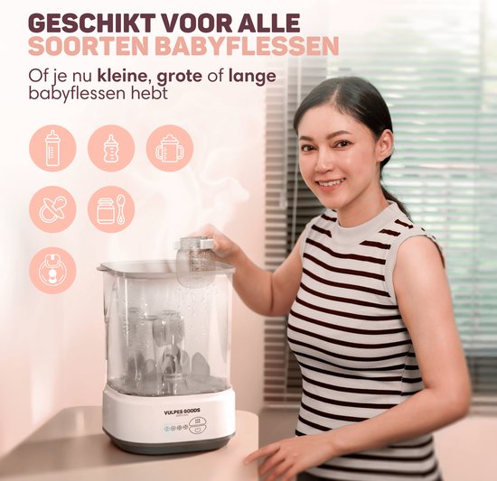 Vulpes Goods® Flaschen-Sterilisator - 5-in-1 Funktion - Mit Trocknungsfunktion & Warmhaltefunktion - Für Babyflaschen & Milchpumpen - BPA-frei - Kunststoff & Weiß