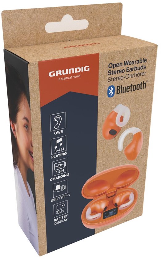 Grundig kabellose Bluetooth-Ohrhörer – kabellose Ohrhörer mit LED-Display und Ladecase – In-Ear-Ohrhörer mit OWS-Technologie und USB-C-Ladegerät – Orange