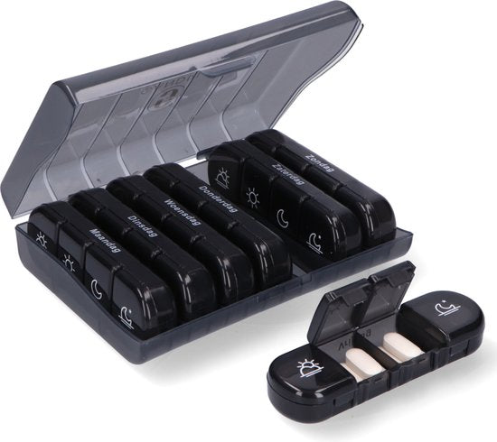 Gandria Pillenbox 7 Tage - Herausnehmbare Pillenbox - Medizinbox mit 28 Fächern - Medizinbox mit stabilem Verschluss - 4 Fächer pro Tag - Schwarz