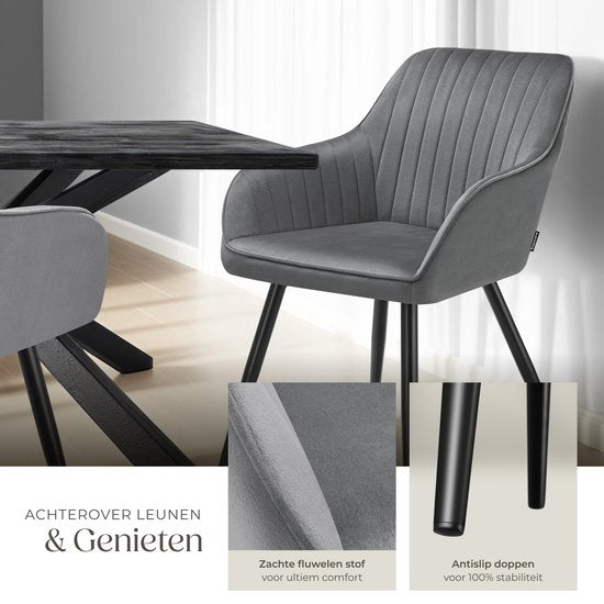 tectake® – Samtstuhl mit Steppmuster – Moderner Esszimmerstuhl – Schalensessel – Für Wohnzimmer, Esszimmer, Lounge oder als Frisiertischstuhl – Verschiedene Farben – Grau/Schwarz