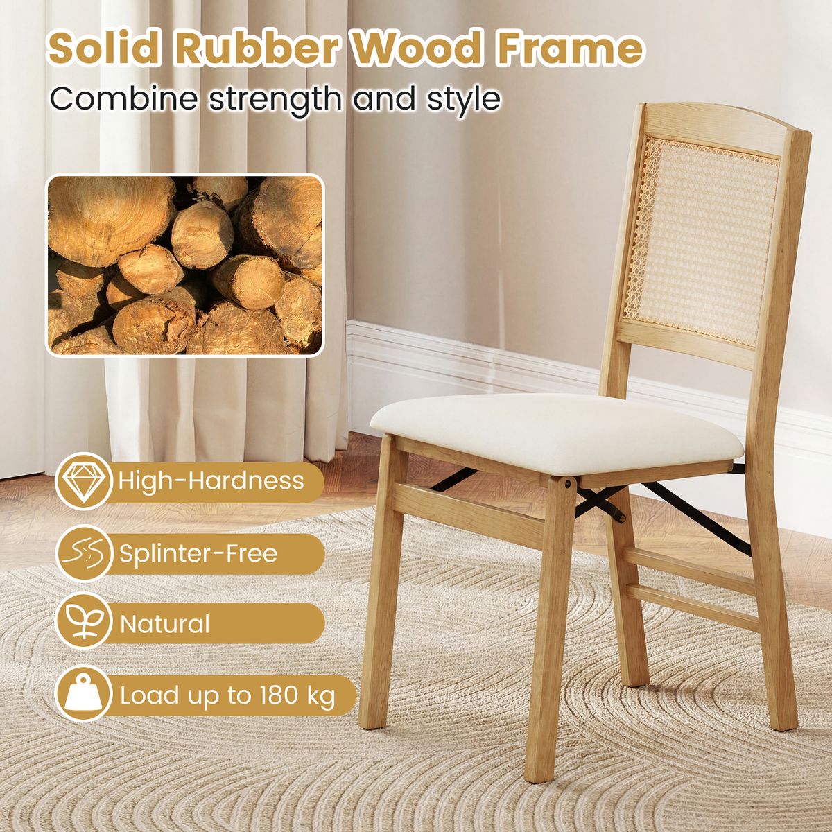 Coast Klappbare Esszimmerstühle, 2er-Set – Holz und PE-Rattan – Sitzfläche aus Leinen – Naturfarben