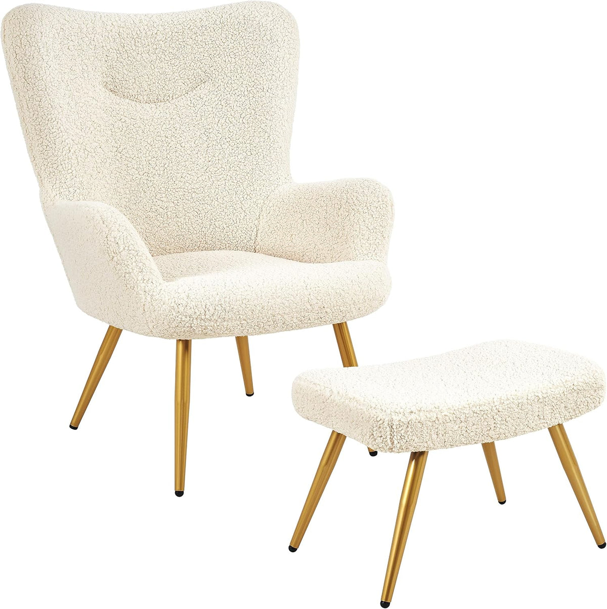 Yaheetech Ohrensessel mit Fußhocker – Teddy-Stoff – Elfenbeinweiß – 67,5 x 70 x 97,5 cm