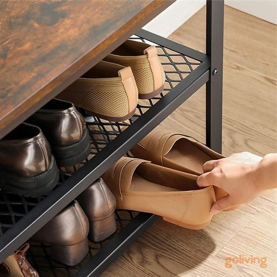Goliving Schuhablage - Schuhbank - Flurbank - Industrial - 30 x 80 x 45 cm - Metall - Braunes Holz