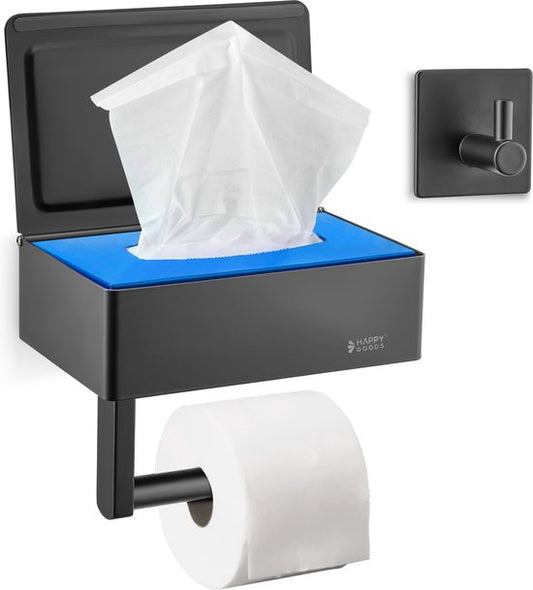 Happy Goods Toilettenpapierhalter mit Ablage und Tablett - Selbstklebend / Bohren - Toilettenpapierhalter Schwarz ohne Bohren - Edelstahl - INCL. Handtuchhaken