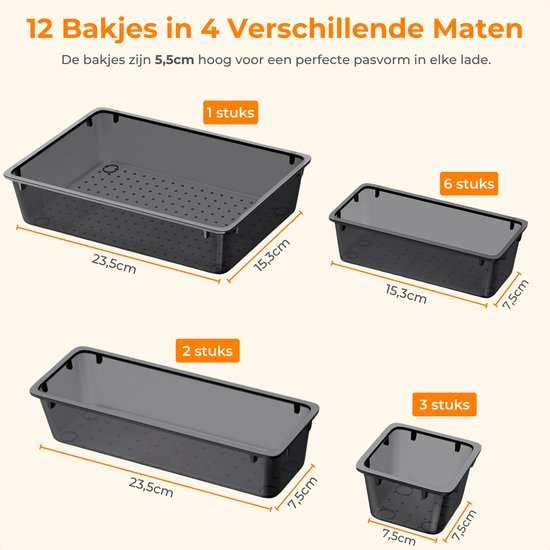 Posity Drawer Organizer - 12 Stück - Organizer Trays - Schubladenfächer - Aufbewahrungsfächer - Make-up Organizer - Für Küche, Bad & Büro - Kunststoff - Transparent