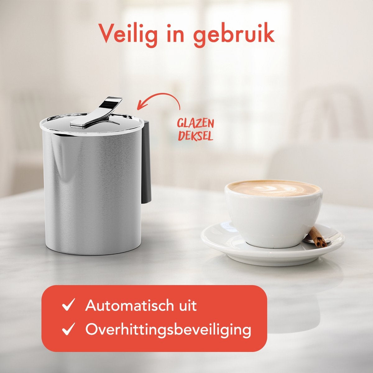 KitchenBrothers - Elektrischer Milchaufschäumer - Spülmaschinengeeignet - 4-in-1 - 400 ML - Edelstahl/Schwarz