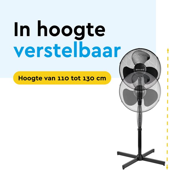 BRASQ Stativventilator - 40 cm - Schwarz - Höhenverstellbar - 3 Geschwindigkeiten - 40 Watt