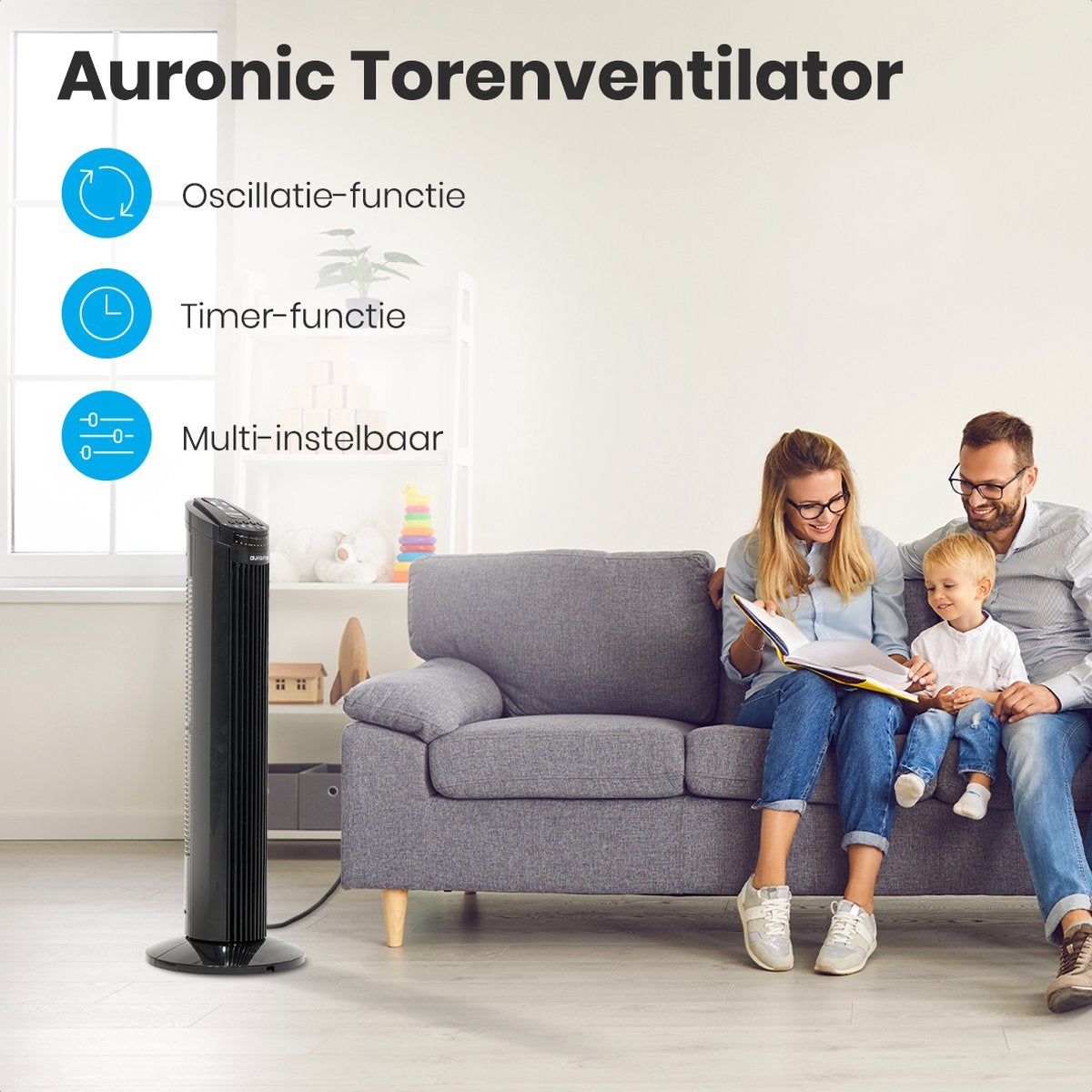 Auronic Tower Fan - Standventilator mit Fernbedienung - Timer - 50W - 45dB - 74cm - Schwarz