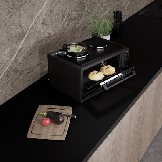 Wiggo WMO-E4562H(B) – Freistehender Mini-Backofen mit Kochfeld – elektrisch – 60 cm – 45 Liter – 3534 W – 5 Jahre Garantie – Schwarz