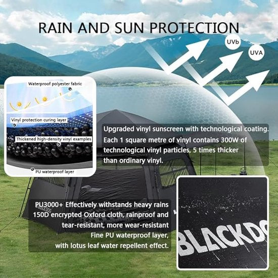 Black Dog Dome-Zelt – Hochwertiges Campingzelt für 6–8 Personen – Sechseckig, automatisch aufstellbar – Tragbares Familienzelt – Zusammenklappbares Vinyl – Schutz vor Sonne und Regen – Schwarz