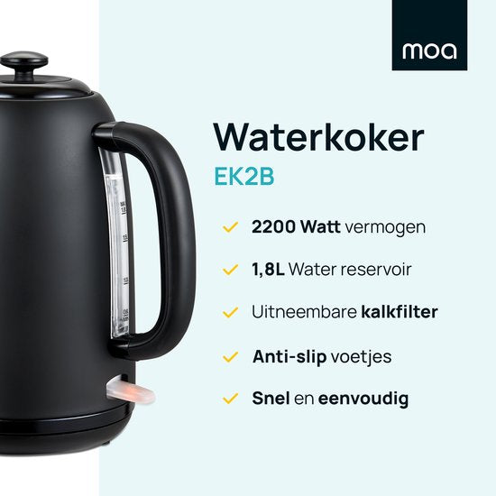 MOA Wasserkocher 1,8 Liter - Elektrischer Wasserkocher - Mit Kalkfilter und Anti-Rutsch - 2200W - Schwarz