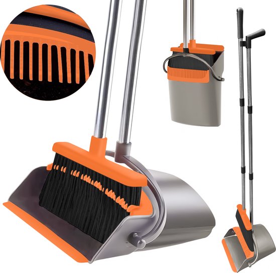 TTD® Kehrschaufel und Bürste mit langem Stiel XXL - Verstellbar 54-263 cm - Besen - Besenstiel - Grau & Orange - Kehrschaufel und Bürste - Schmutzbehälter für drinnen und draußen - Integrierte Reinigungszähne