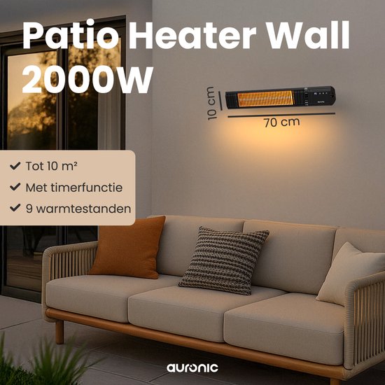 Auronic Terrassenstrahler - Infrarotheizung - Touch Display - 10m2 - Elektrisch - 2000W - Fernbedienung - 9 Stufen - Schwarz