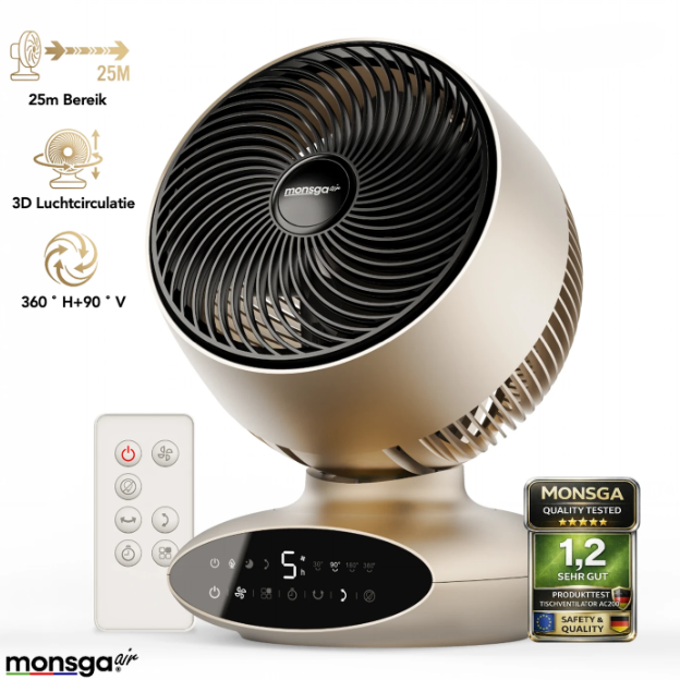 Monsga AC200 Turbo-Tischventilator – 30 dB, extrem leise – 360°-Schwenkfunktion – Fernbedienung