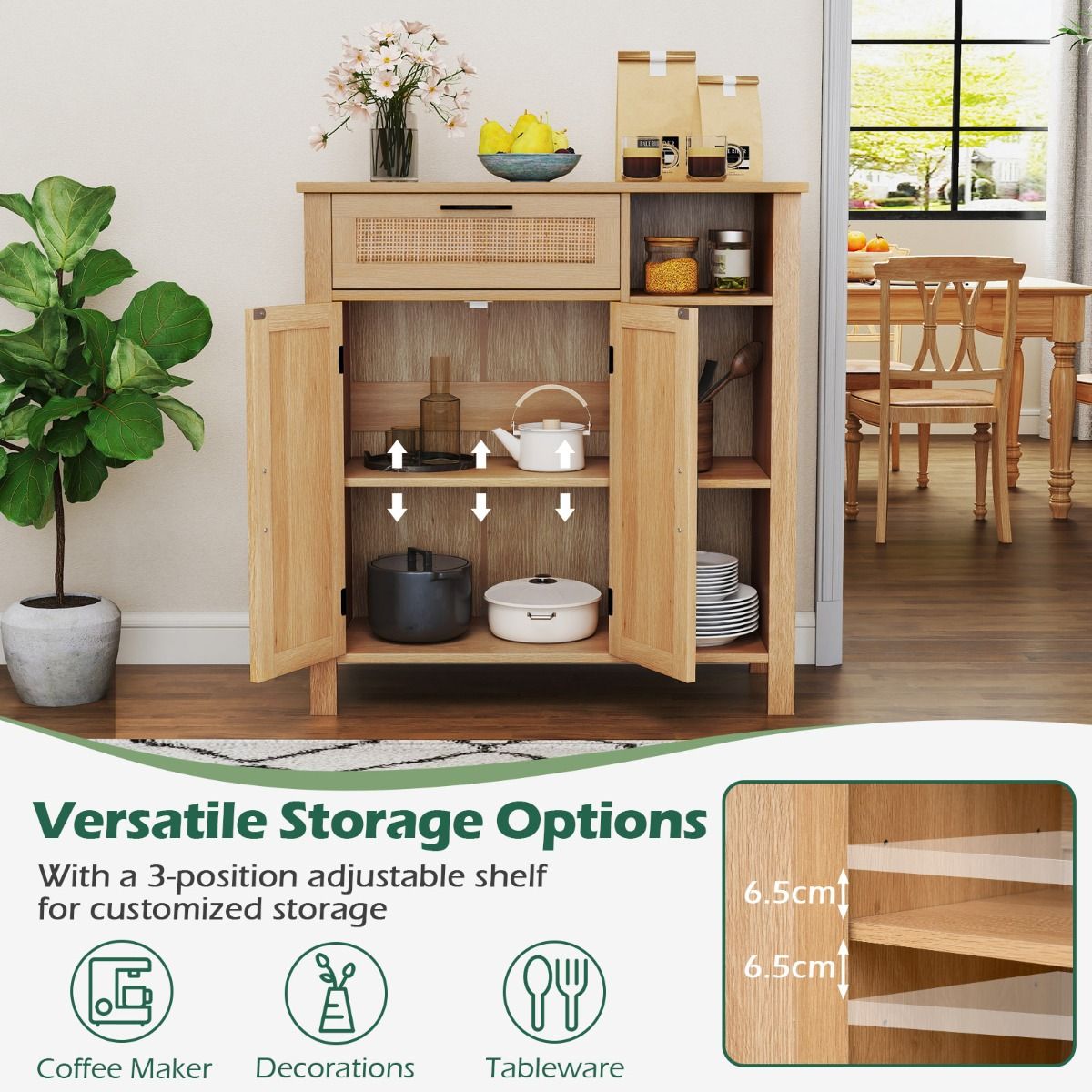 Coast Holzkommode – Türen und Schublade aus Rattan – Verstellbares Regal – Naturfarben 75 x 30 x 80 cm