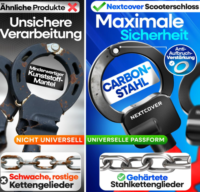 NEXTCOVER E-Scooter-Schloss im Handschellen-Design – 90 cm – Rot – legierter Stahl – 3 Schlüssel
