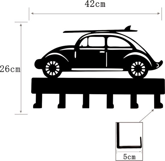 Garderobe im Stil eines Autos für das Kinderzimmer – Wandgarderobe im Stil eines Autos mit Surfbrett, 6 Haken, Babyzimmer