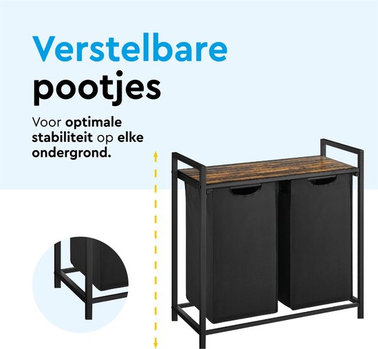 BRASQ Wäschekorb 2 Fächer - Wäschesortierer 76 Liter - Ausziehbar mit Regal 73x33x71 cm - Wäschebox Schwarz Metall - Braunes Holz - Korb