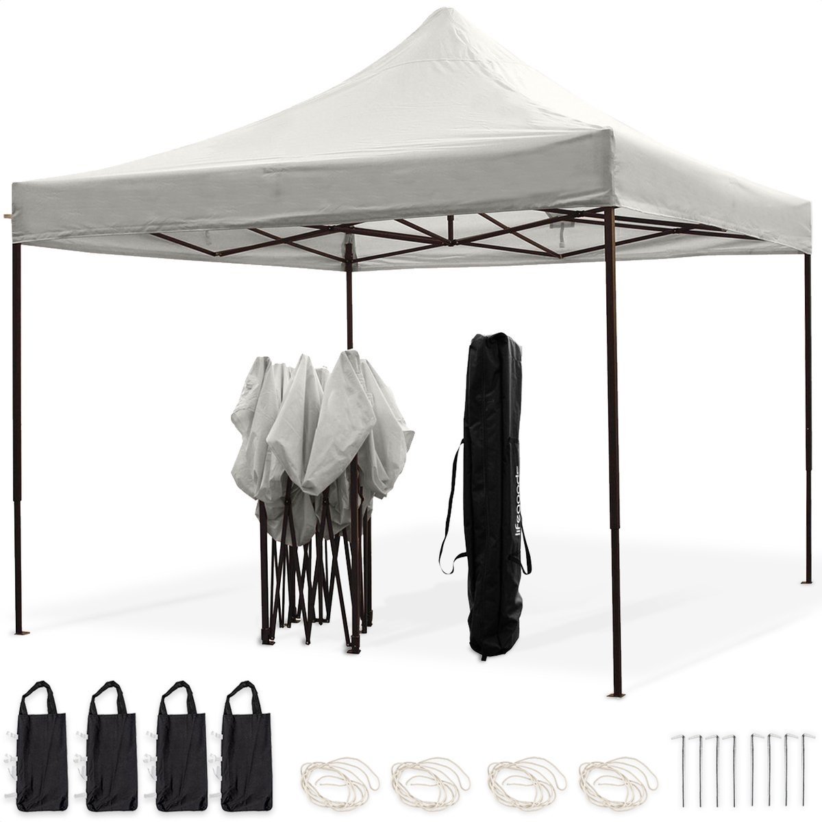 LifeGoods Partyzelt - Pavillon - 3x3 m - leicht aufbaubar - faltbar - wasserdicht - Tragetasche mit Rädern - weiß