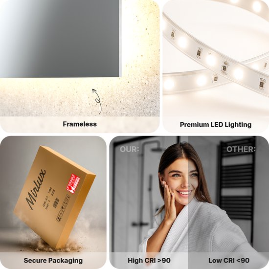Mirlux Badezimmerspiegel mit LED-Beleuchtung und Heizung - 110x70CM