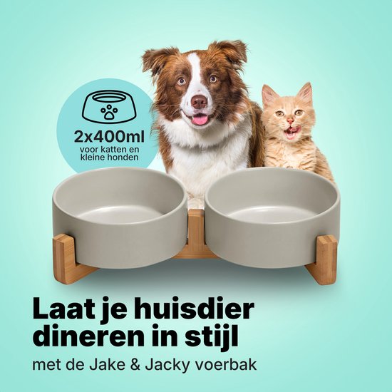 Jake and Jacky Fressnapf Katze und Hund Keramik - Fressnäpfe doppelt mit Ständer - Trinknapf - 2x 400 ml - Grau