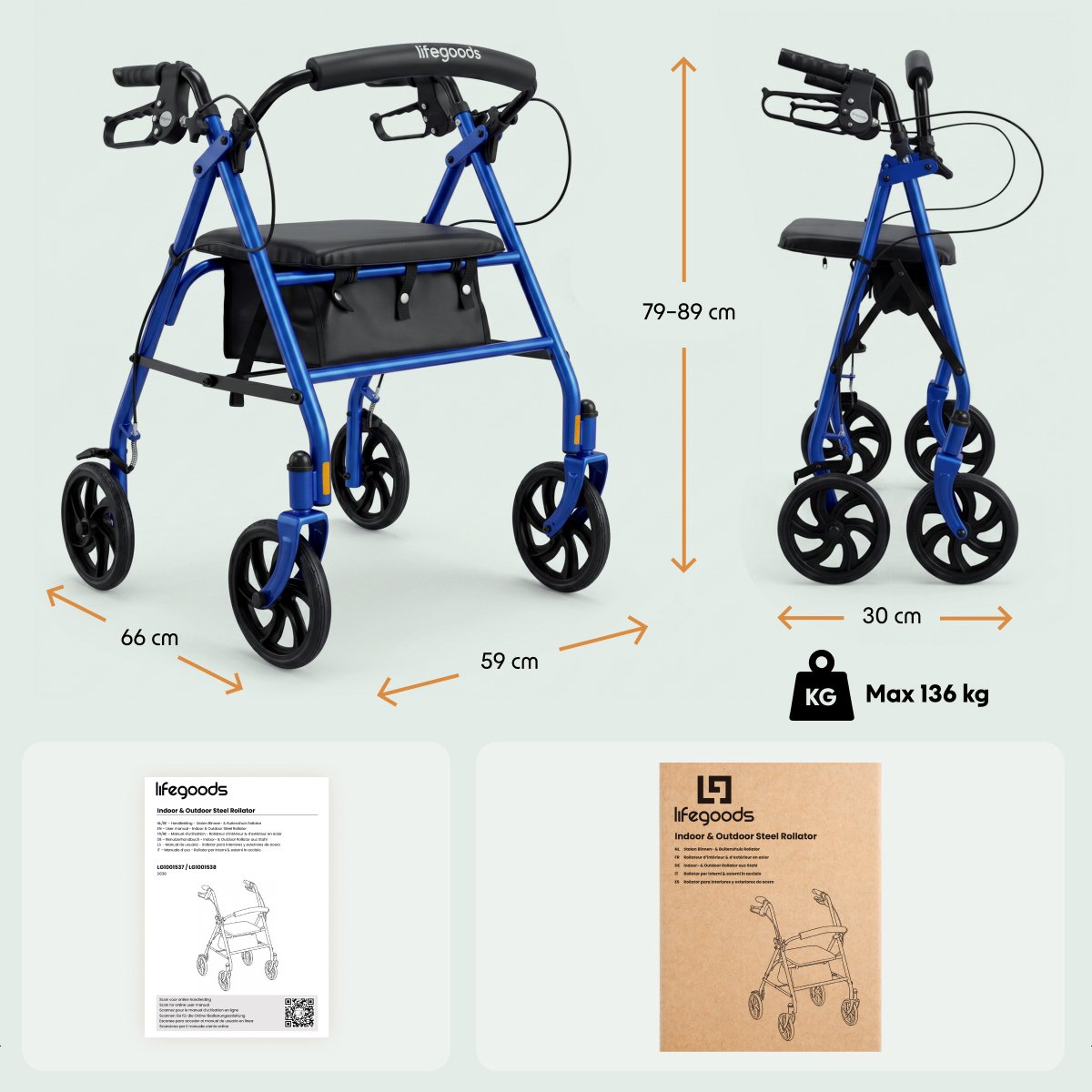LifeGoods Basic Rollator – leicht und zusammenklappbar – mit Sitz und Rückenlehne – höhenverstellbar von 79 bis 89 cm – Tragkraft 136 kg – 66 x 59 x 79–89 cm – dunkelblau