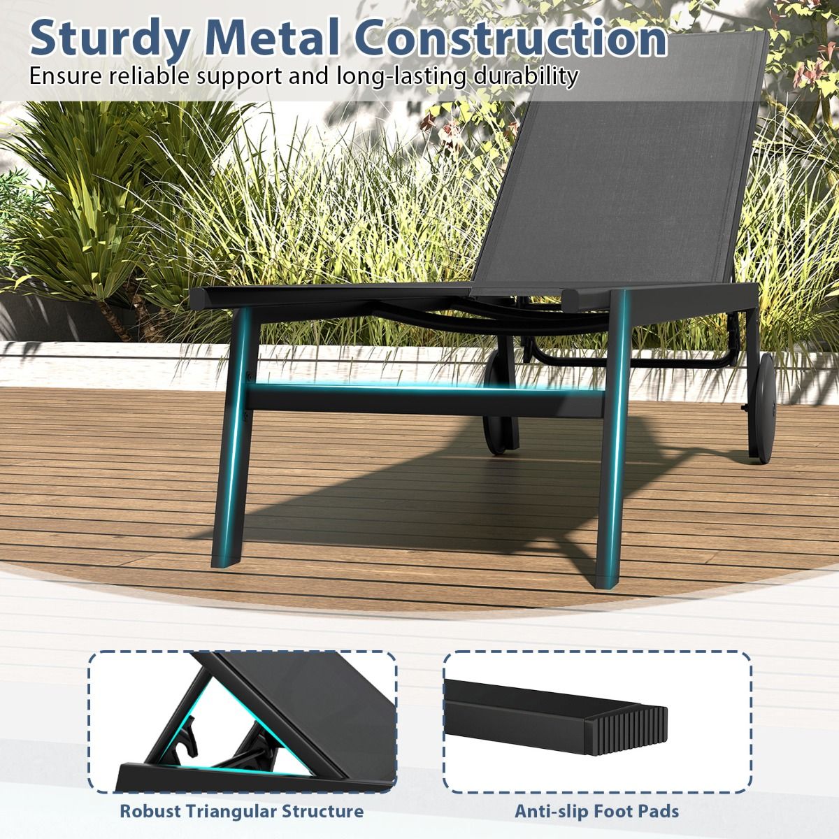 Coast - Garden Lounger on Wheels - 2-tlg. Set - Verstellbare Metall-Liegen mit 6 Ständern - 190 x 59 x 33,5-99 cm - Grau
