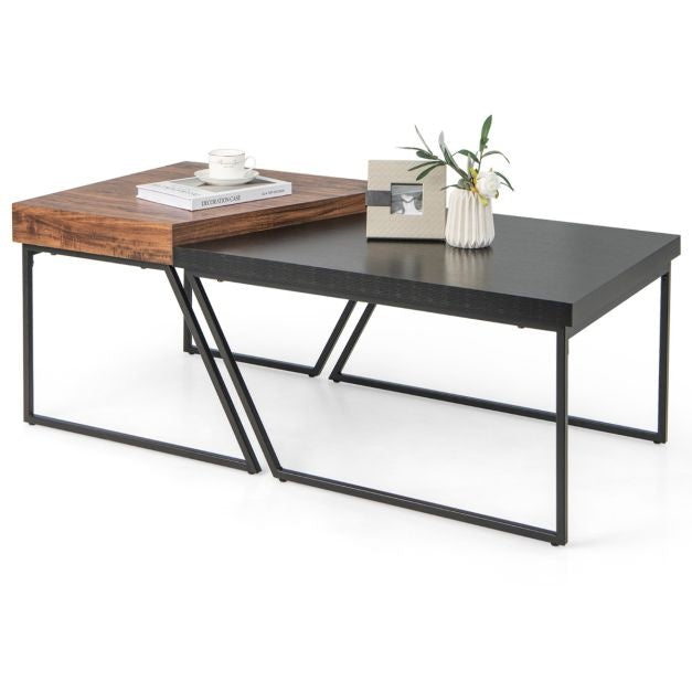 2er-Set Couchtische Modern Schwarz und Braun Stapelbarer Beistelltisch mit pulverbeschichteten Metallbeinen Trapezförmiger Ablagetisch