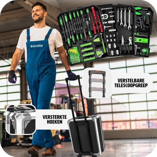tectake Werkzeugkoffer, Werkzeugset, Werkzeugkoffer gefüllt 1200-teilig, Werkzeugwagen, 4-Ebenen-Werkzeugkoffer, Aluminiumkoffer mit Rollen und Teleskopgriff - schwarz