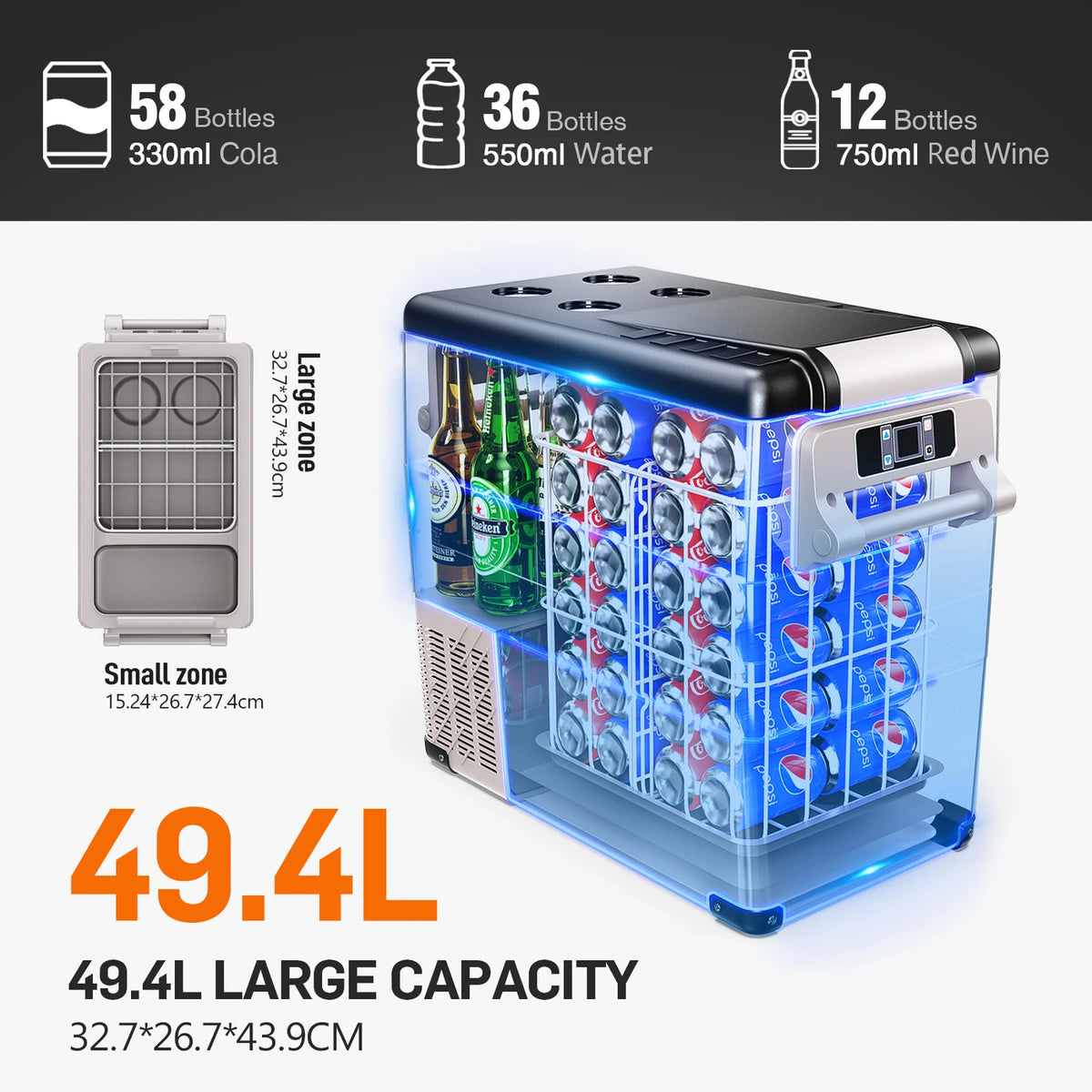 Euhomy Kompressor-Kühlbox 49,4 Liter – 2 Fächer – Kühlen und Gefrieren –20 bis 20 °C – 12/24 V und 230 V – Steuerung über App