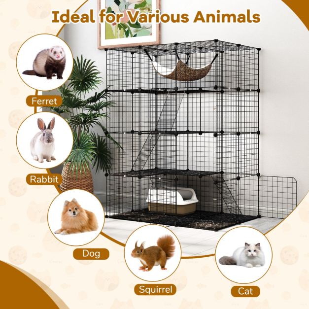 Geräumiger 4-stöckiger Katzenkäfig 143 cm hoch - Schwarzer Metalldrahtkäfig mit Hängematte, Regalen und Leitern für Katzen und kleine Haustiere