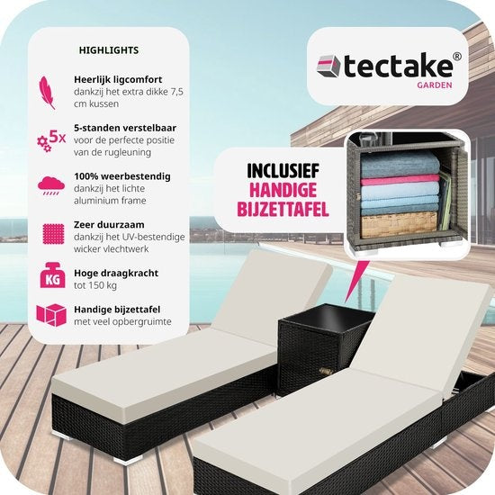 tectake 2 Luxus-Liegen mit Beistelltisch - Schwarz - Inklusive Schutzhülle - 401500