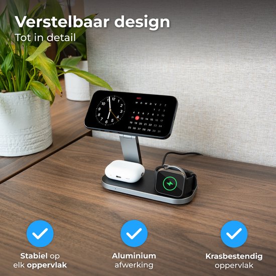 Nuvance Kabelloses Ladegerät – 3-in-1 – 15 W – Ladestation – Schnellladegerät – Wireless Charger – Geeignet für Apple Smartwatch und Ohrhörer
