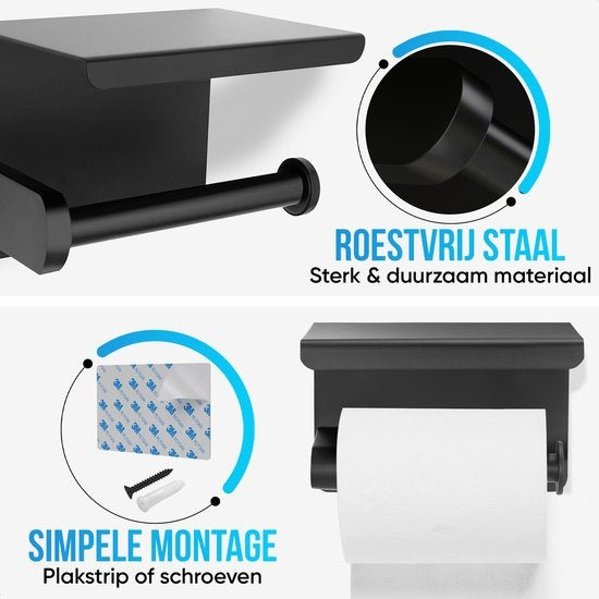 Strex Toilettenpapierhalter mit Ablage - Schwarz - Selbstklebend / Bohren / Kein Bohren - Toilettenpapierhalter - Toilettenpapierhalter