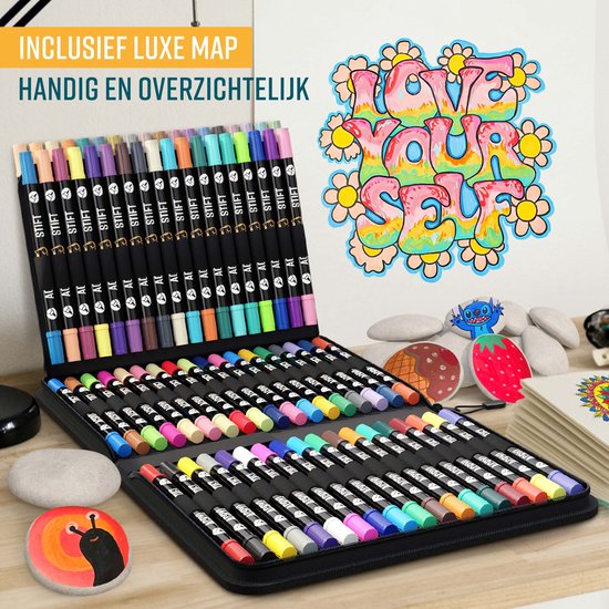 NAPI 72 Acrylmarker Dual Tip - Twinmarker - Malstifte Happy Stones - Steinmalerei mit Acrylmalstiften - Erwachsene und Kinder - Inkl. 5 Mandala-Schablonen