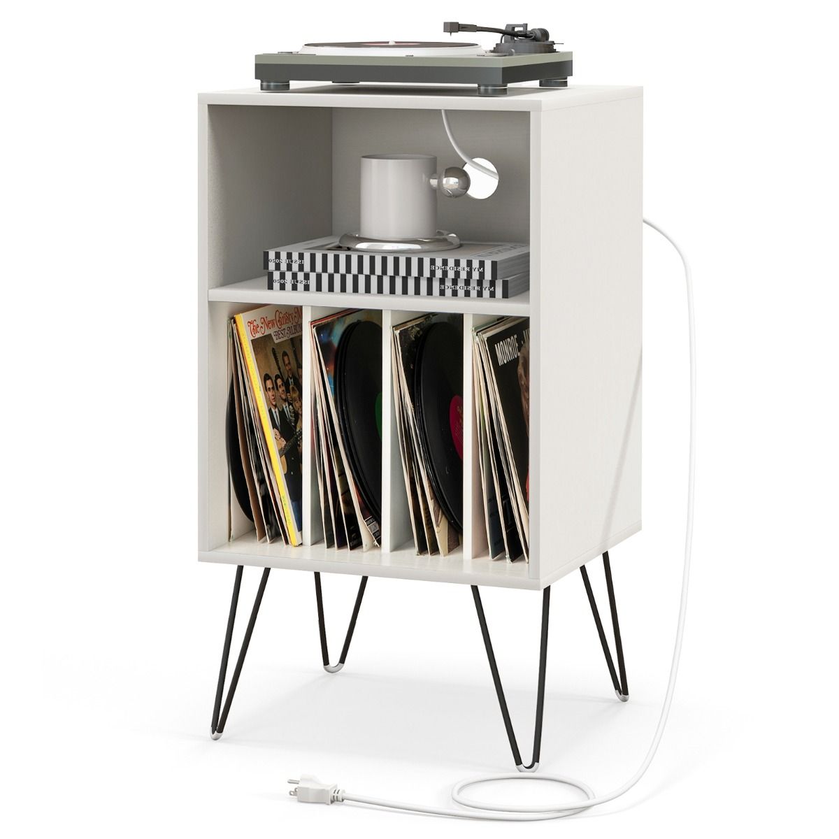 Coast Plattenspieler-Ständer – 3-stöckiger Vinyl-Aufbewahrungstisch – mit Ladestation – weiß