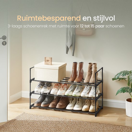 O'DADDY® Schuhregal 3 Lagen - Schuhregal - Schuhaufbewahrungssystem - Schuhschrank - Schuhregal - Schuhschrank - Aufbewahrungsregal für 12 bis 15 Paar Schuhe - Schwarzes Metall
