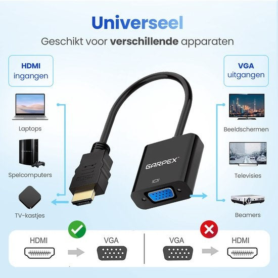 Garpex - HDMI zu VGA Adapter - Full HD 1080P - Stecker zu Buchse - Extra Display - Schwarz