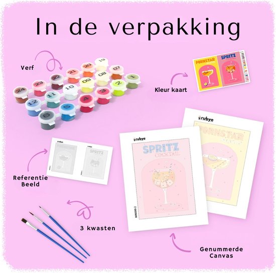Rubye® Mini Malen nach Zahlen - 2 Stück - Erwachsene - Malen nach Zahlen Kinder - Set - Cocktails - 15x20cm