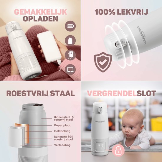 Vulpes Goods® BabyCare - Thermosflaschenwärmer für unterwegs - 500ML - Flaschenwärmer - Edelstahl - 6400 mAh - 500ML - Wiederaufladbar - Kabellos & tragbar - Für alle Arten von Babyflaschen - mit Wärmespeicherung - Babynahrung - PRO V2