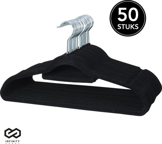Infinity Goods 50 Kledinghangers Fluweel - Kleerhanger met Anti-Slip - Broekhanger - Metalen Haak - Volwassenen - 50 Stuks - Zwart