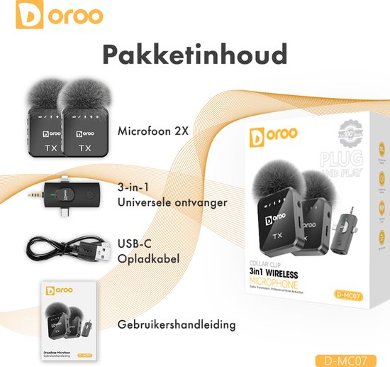 Doroo® Professionelles drahtloses Mikrofon – 2 Stück – Lavalier-Mikrofon – Windschutz – Extra lange Akkulaufzeit – Krawattenklammer – Professionelle Audioqualität – USB-C/Lightning/AUX-Funkmikrofon für iPhone und Android – Plug & Play – Zwei Jahre Garanti