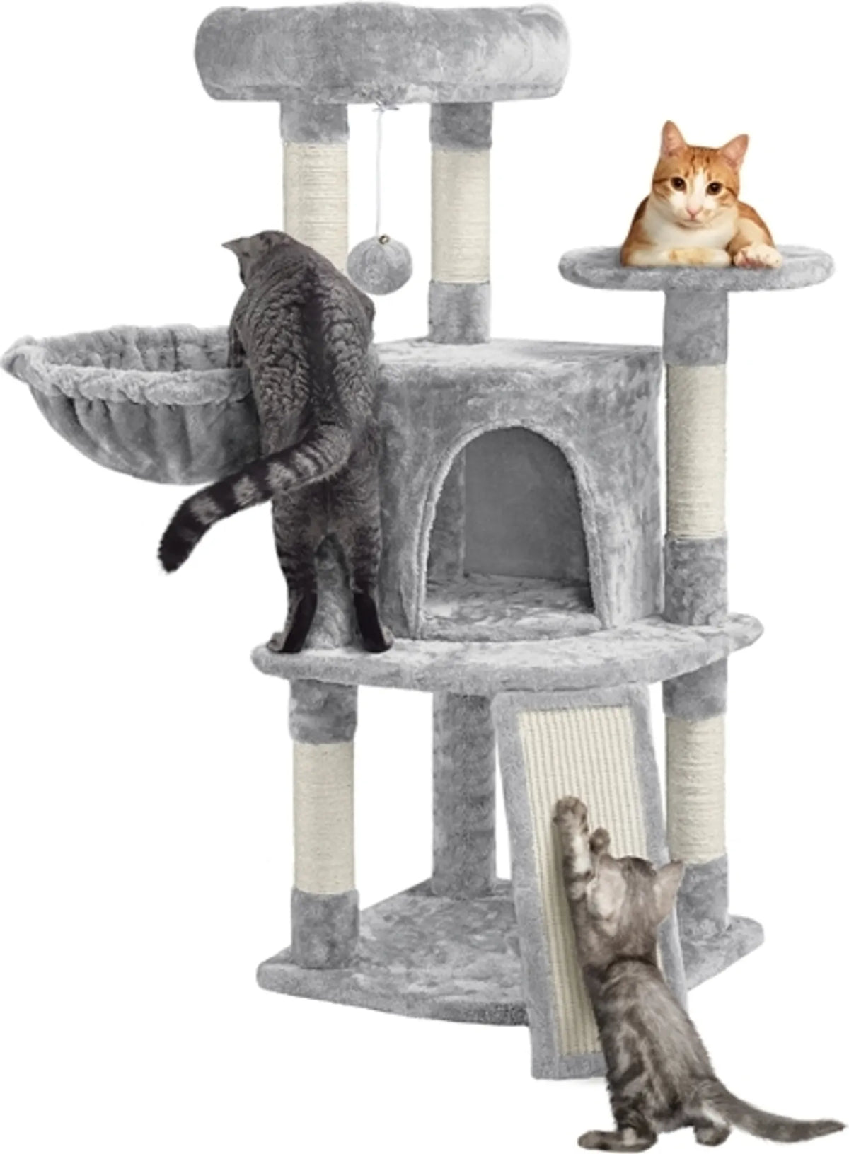 Yaheetech Katzenpfosten mit 5 Sisalstangen - Ausgestattet mit gepolsterter Aussichtsplattform und Hängematte und Katzenhöhle - Für 2 bis 3 kleine und mittelgroße Katzen - Hellgrauer Plüsch und Metall - 43,5 x 43,5 x 106 cm
