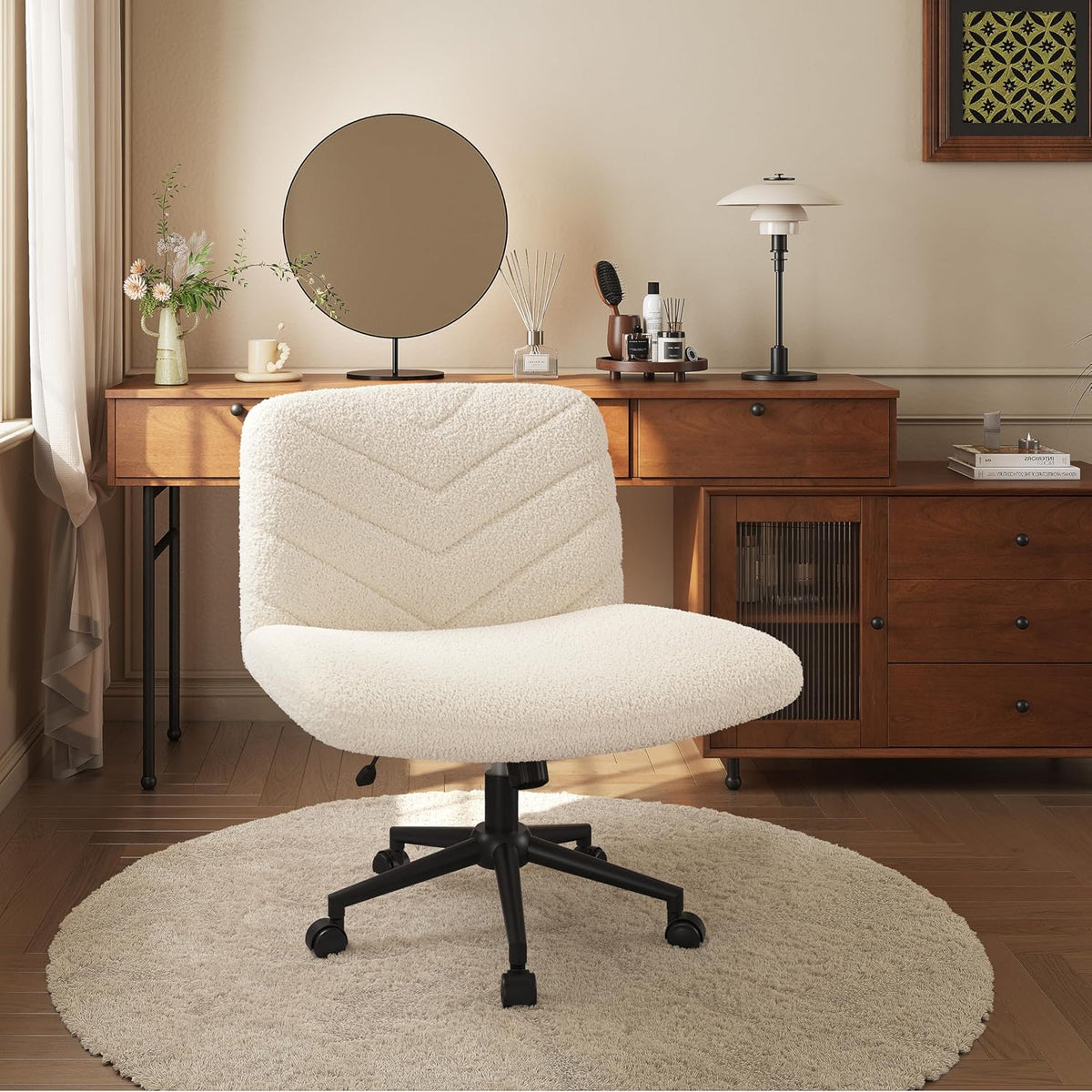 Yaheetech Bürostuhl mit Rollen und breiter Sitzfläche 66 × 65 × 92 cm Elfenbeinweiß
