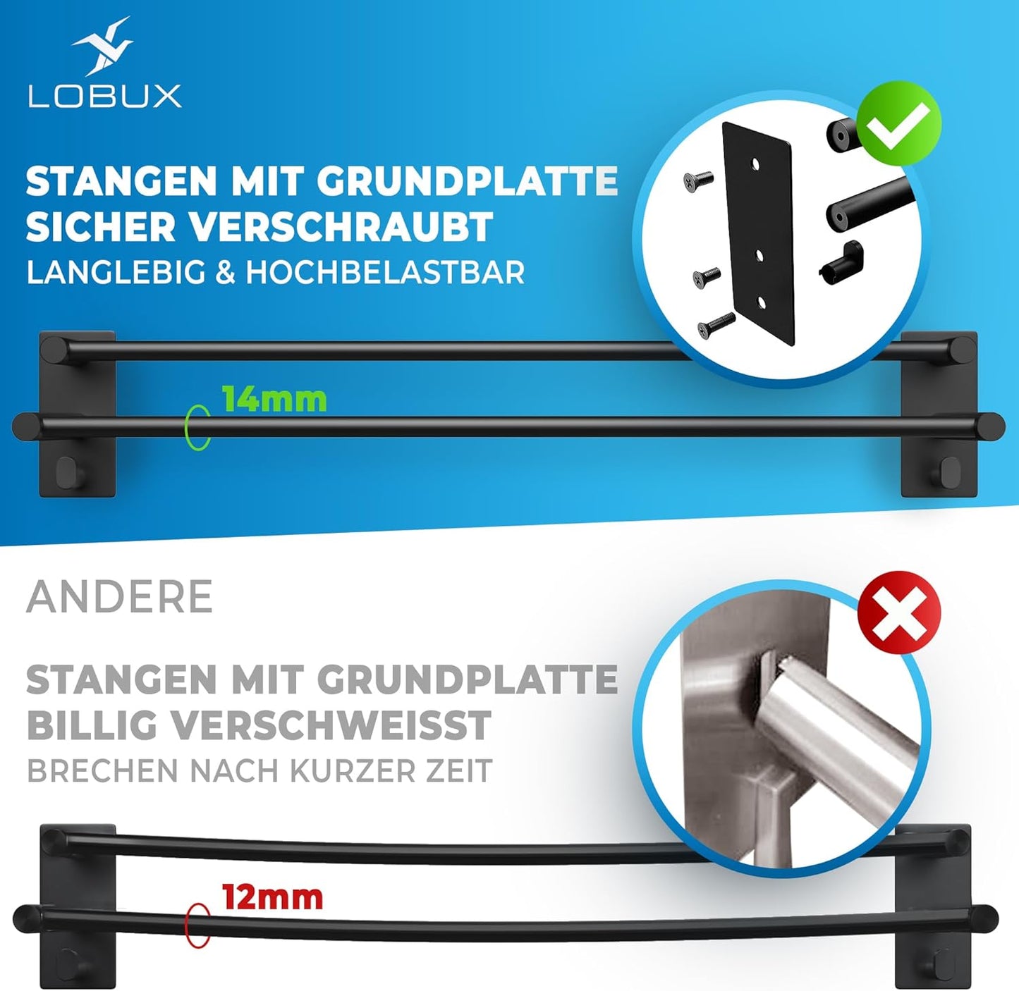 LOBUX® - Handtuchhalter ohne bohren schwarz – 80cm, Edelstahl rostfrei – Handtuchhalter Bad doppelt, selbstklebend – Handtuchstange, Badetuchhalter inkl. 2 Handtuchhaken – Badezimmer, Duschwand, Küche