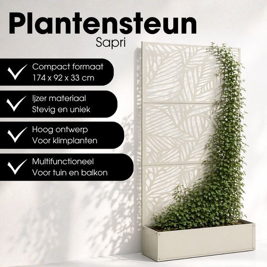 Mica Decorations Sapri Pflanzenstütze – Pflanzkübel mit Klettergitter für Kletterpflanzen – Pflanzenständer, freistehend oder an der Wand – 92 x 33 x 174 cm – Off White