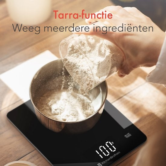 KitchenBrothers Küchenwaage - Küchenwaage - Digital - 1g bis 10kg - Batterien enthalten - Glas/Schwarz